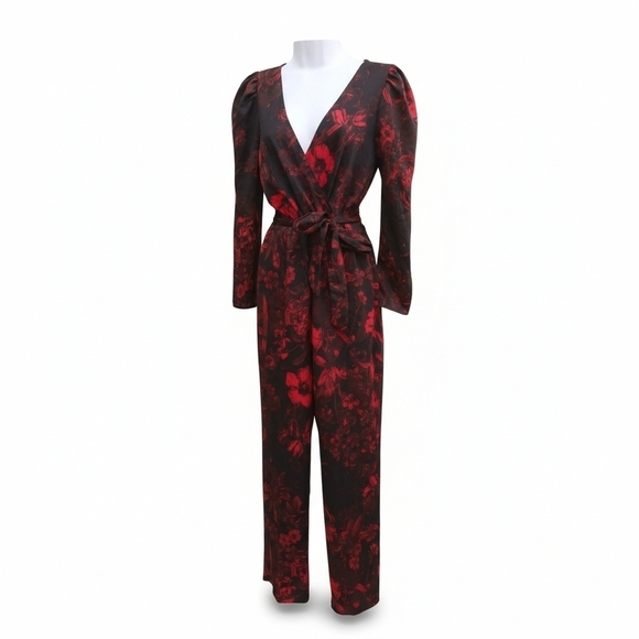 H&M Floral Red Black Belted Jumpsuit Size 6 - Picture 2 of 2